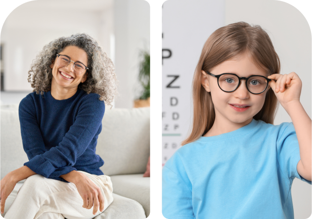 Smiling woman and girl wearing glasses indoors.