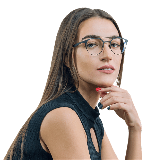 Woman in glasses with thoughtful expression.